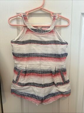 Janie and Jack Striped Knit Halter Romper in White, Navy & Coral